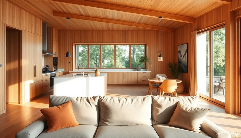 Cozy open-concept living room with integrated kitchen, featuring warm wood tones, clean lines, and natural light. Comfortable seating arrangement in the foreground, with a modern, minimalist kitchen island and appliances in the middle ground. Soft, diffused lighting creates a harmonious, inviting atmosphere. Large windows in the background offer a glimpse of greenery outside, reinforcing the seamless indoor-outdoor connection. Subtle pops of color and textural accents add visual interest, while the overall design emphasizes functionality and aesthetic cohesion between the living and cooking spaces. Sala de estar aconchegante em conceito aberto com cozinha integrada, com tons quentes de madeira, linhas retas e luz natural. A disposição confortável dos assentos fica em primeiro plano, com uma ilha de cozinha moderna e minimalista e eletrodomésticos no centro. A iluminação suave e difusa cria uma atmosfera harmoniosa e convidativa. Grandes janelas ao fundo oferecem um vislumbre da vegetação externa, reforçando a conexão perfeita entre o interior e o exterior. Toques sutis de cor e detalhes texturizados adicionam interesse visual, enquanto o design geral enfatiza a funcionalidade e a coesão estética entre os espaços de estar e de cozinha.