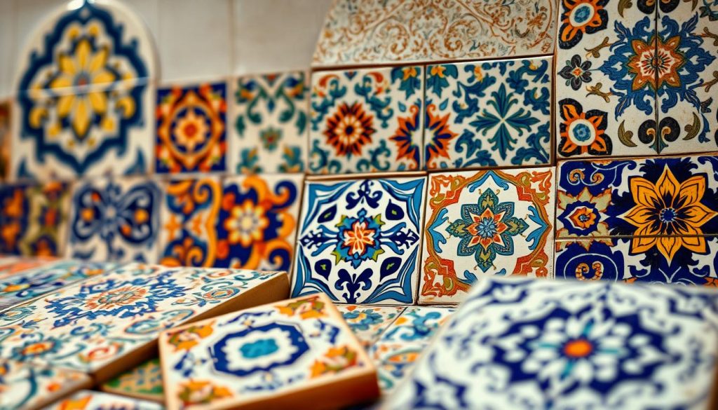 
Azulejos detalhados e ornamentados, exibindo uma rica variedade de padrões intrincados, cores vibrantes e designs cativantes. Os azulejos estão dispostos em uma composição visualmente impressionante, capturando a essência da arte tradicional dos azulejos portugueses. A cena exala uma atmosfera calorosa e convidativa, com uma iluminação suave e difusa que destaca as texturas sutis e a profundidade das superfícies de cerâmica. Os azulejos ocupam o primeiro plano, enquanto um fundo neutro e desfocado permite que os elementos decorativos ocupem o centro do palco, criando um ponto focal que inspirará e cativará os espectadores.