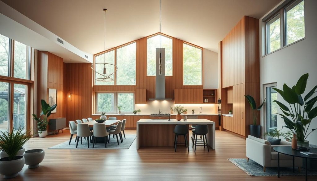 Sala de jantar elegante e perfeitamente integrada a uma cozinha moderna e de conceito aberto. Layout espaçoso com tetos altos, janelas grandes que permitem que a luz natural inunde o espaço. Tons quentes de madeira e móveis limpos e minimalistas criam uma atmosfera refinada e harmoniosa. A elegante ilha da cozinha serve como ponto de encontro central, combinando perfeitamente com a área de jantar. As luminárias sutis lançam um brilho suave e ambiente, melhorando o ambiente aconchegante e convidativo. Vasos de plantas e texturas naturais acrescentam calor orgânico ao design contemporâneo. A perspectiva cinematográfica de ângulo amplo captura o fluxo fluido e coeso entre os dois espaços conectados.