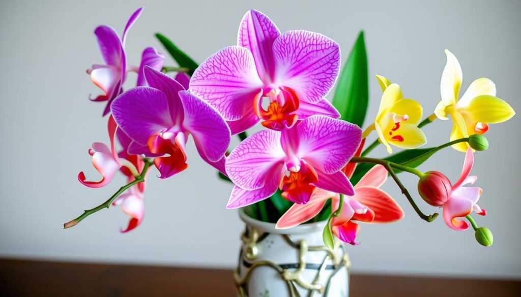 Imagem de um vaso com orquídeas artificiais
