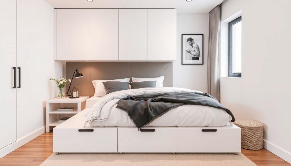 Imagem de uma cama com baú para quarto pequeno de casal