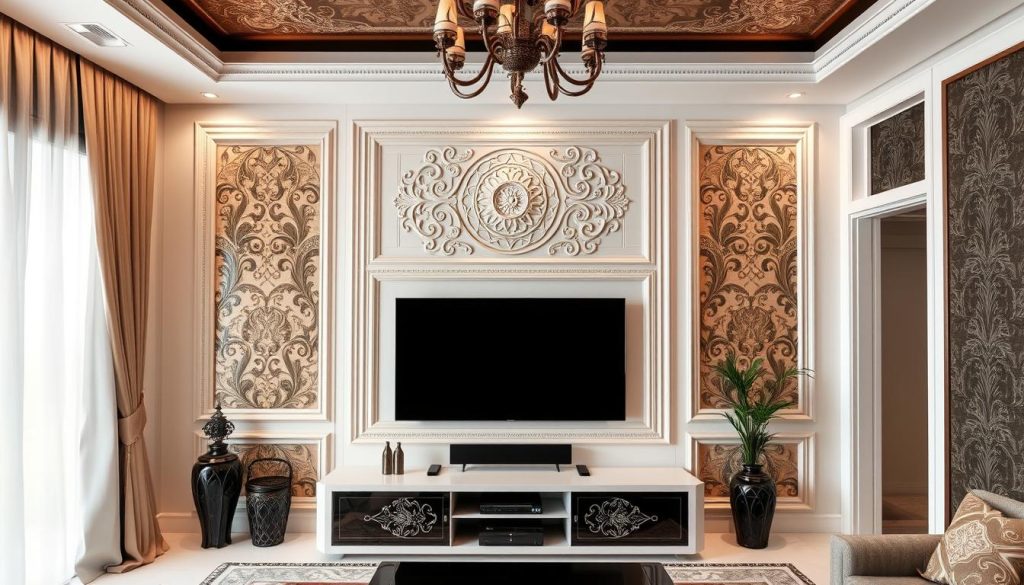 Imagem de uma sala de TV decorada com painéis e revestimentos