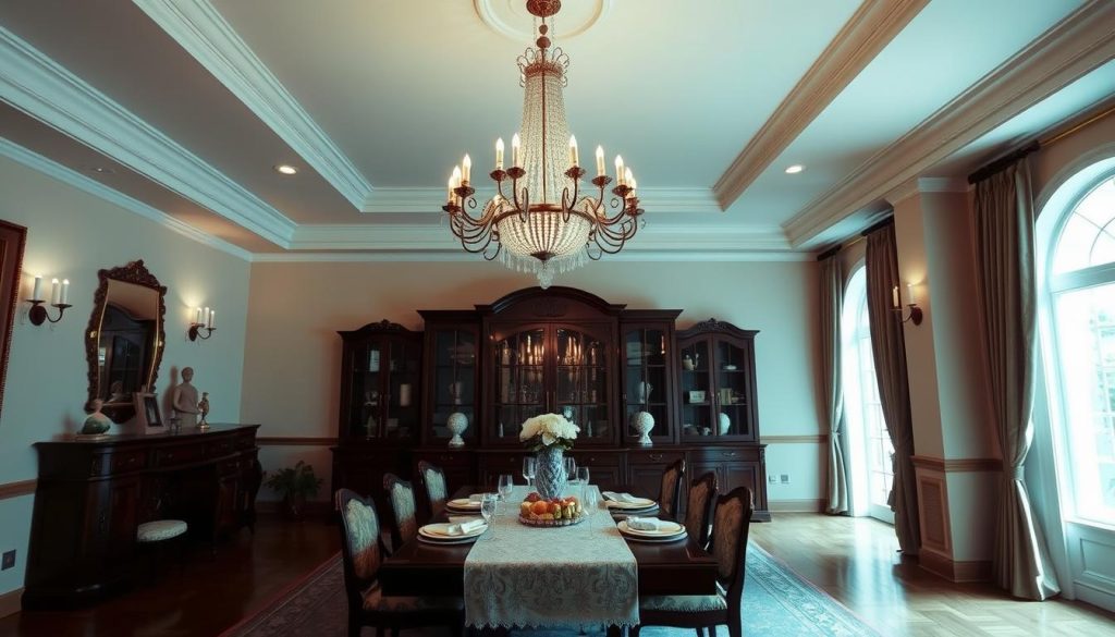 Imagine uma sala de jantar iluminada por um lustre impressionante