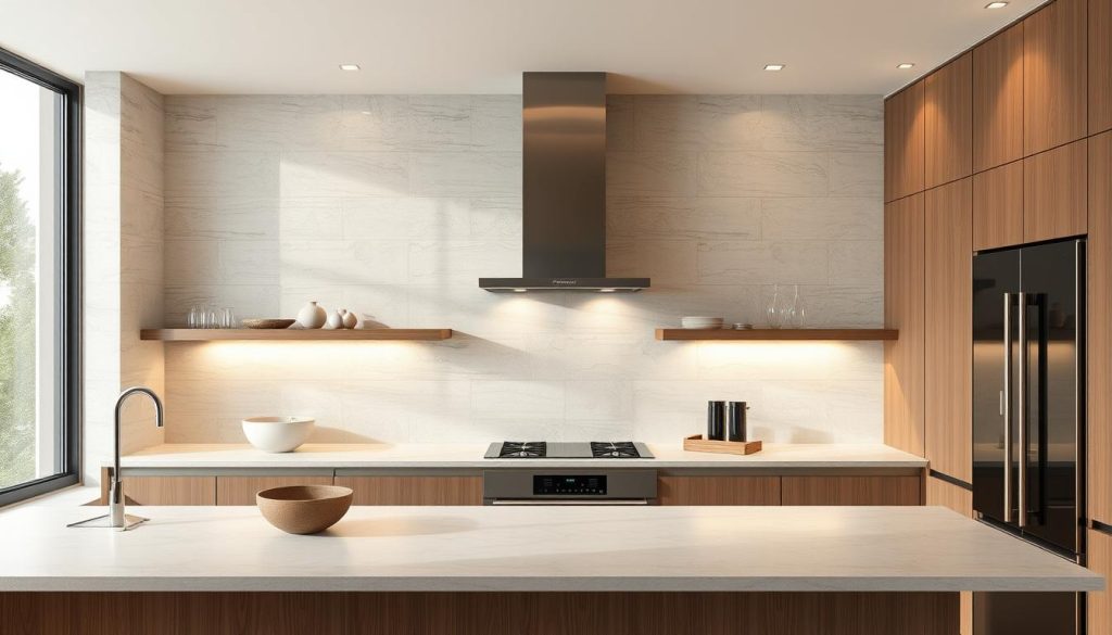 Projetos inovadores de azulejos de cozinha: uma cozinha moderna e elegante com designs de azulejos minimalistas e sem emendas em tons neutros cobrindo as paredes, criando um fluxo visual coeso e sofisticado. Os azulejos apresentam detalhes e padrões sutis de textura, acrescentando profundidade e interesse visual. A iluminação suave e indireta emite um brilho quente, destacando os desenhos intrincados dos azulejos. O layout da cozinha é aberto e espaçoso, com linhas limpas e uma mistura de materiais naturais e industriais. A atmosfera geral é de elegância discreta e design inovador e cuidadoso.