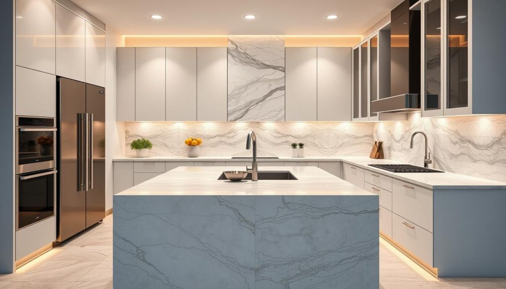 Bancadas de cozinha e azulejos de backsplash luxuosos, com foco em opções econômicas. Design elegante e contemporâneo com uma mistura de materiais de pedra natural, cerâmica e porcelana em uma paleta de cores neutras de cinzas, brancos e beges suaves. O layout apresenta uma ilha central com amplo espaço de trabalho e armazenamento, cercada por armários minimalistas e luminárias elegantes. A iluminação quente e direcional destaca os intrincados padrões e texturas dos vários azulejos, criando uma atmosfera equilibrada e convidativa. Ênfase na qualidade do trabalho artesanal e em soluções econômicas para uma reforma de cozinha bonita e funcional.
