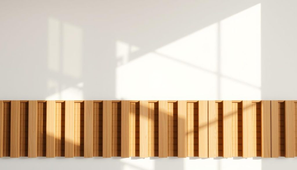 Painstakingly rendered wooden slats in a clean, organized panel, bathed in bright natural light streaming through large windows. The wood grain is smooth and uniform, each slat meticulously dusted and polished to a lustrous shine. The panel is mounted flush against a pristine white wall, casting dramatic shadows that add depth and dimensionality. The scene exudes a sense of order, tranquility, and pristine care, perfectly suited to illustrate the maintenance and cleaning of a modern, sophisticated wooden panel feature. Ripas de madeira meticulosamente renderizadas em um painel limpo e organizado, banhado por luz natural brilhante que passa por grandes janelas. O grão da madeira é liso e uniforme, e cada ripa é meticulosamente polida e lustrada até atingir um brilho lustroso. O painel é montado contra uma parede branca imaculada, lançando sombras dramáticas que acrescentam profundidade e dimensionalidade. A cena exala uma sensação de ordem, tranquilidade e cuidado impecável, perfeitamente adequada para ilustrar a manutenção e a limpeza de um painel de madeira moderno e sofisticado.
