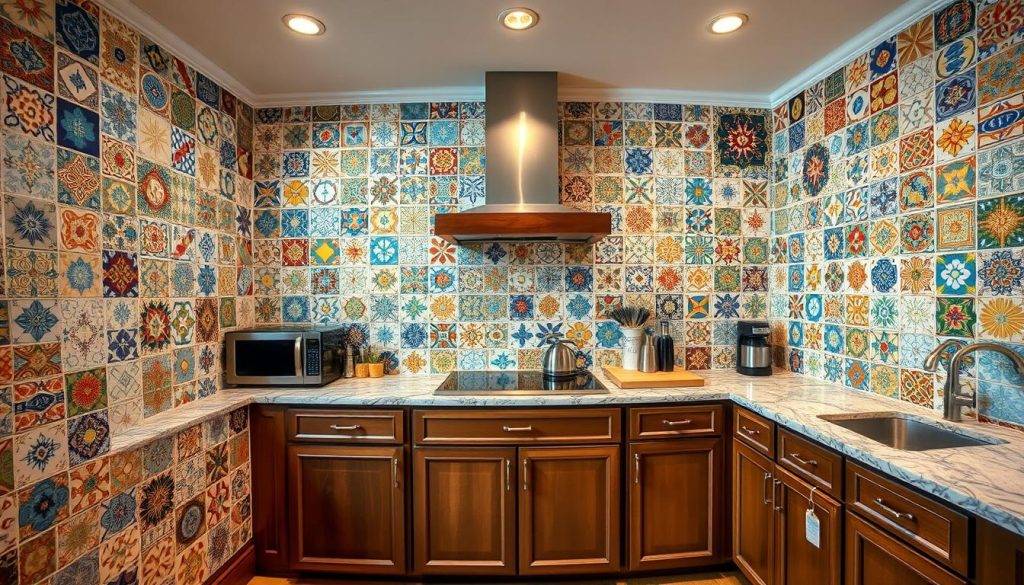 Vista panorâmica de uma cozinha adornada com uma variedade vibrante de azulejos decorativos. Uma exibição impressionante de padrões complexos, cores fortes e acabamentos brilhantes cobre as paredes, criando uma atmosfera calorosa e convidativa. Os azulejos apresentam uma gama diversificada de estilos, do clássico e atemporal ao moderno e eclético, refletindo as infinitas possibilidades de decoração de cozinha. A iluminação emite um brilho suave e natural, destacando a textura e a profundidade dos azulejos, e o ângulo da câmera captura toda a extensão da superfície dos azulejos, mostrando a integração perfeita dos elementos de design. Essa cena panorâmica incorpora a essência do tema do artigo, proporcionando uma introdução visualmente cativante ao mundo dos azulejos decorativos para cozinha.