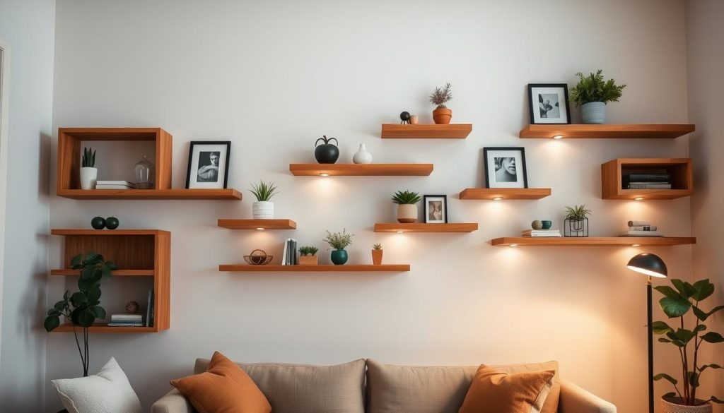 
Sala de estar aconchegante e convidativa com lindas prateleiras flutuantes dispostas na parede. Prateleiras elegantes e minimalistas com acabamento em madeira em vários tamanhos e alturas, perfeitamente espaçadas para exibir itens decorativos, plantas e obras de arte emolduradas. A iluminação suave e difusa das arandelas ocultas emite um brilho suave, criando uma atmosfera aconchegante e íntima. As prateleiras são o ponto focal, atraindo o olhar para cima e aproveitando ao máximo o espaço vertical. O efeito geral é de elegância, organização e uma abordagem cuidadosa e intencional da vida em um espaço pequeno.