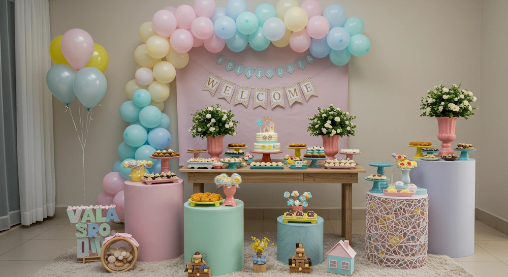 Celebração de Chá de Casa Nova em um apartamento brasileiro, com mesa de doces decorada em tons pastel, balões, faixa de boas-vindas, docinhos típicos como beijinhos e brigadeiros e um bolo pequeno com topo em formato de casinha