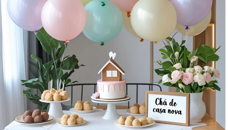 festa de Chá de Casa Nova em um apartamento moderno no Brasil, com uma mesa lindamente decorada com balões em tons pastel, bolo pequeno com topo em formato de casinha, brigadeiros e uma placa de boas-vindas escrita “Chá de Casa Nova”. Fundo limpo, luz natural