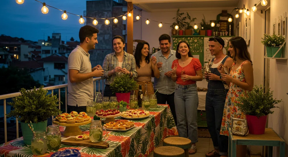 Cenário de festa ao ar livre para um Chá de Casa Nova em uma varanda brasileira, com luzes de cordão, plantas tropicais em vasos, toalha de mesa colorida, mini sanduíches, caipirinhas servidas em potes de vidro e convidados sorridentes conversando