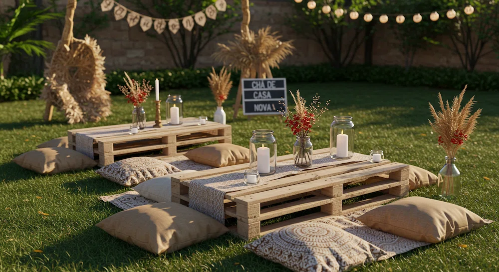 Festa de Chá de Casa Nova com inspiração boho em um jardim brasileiro, com pallets de madeira baixos servindo como mesas, almofadas no gramado, velas em potes de vidro, flores secas em vasos e uma plaquinha com os dizeres “Chá de Casa Nova”