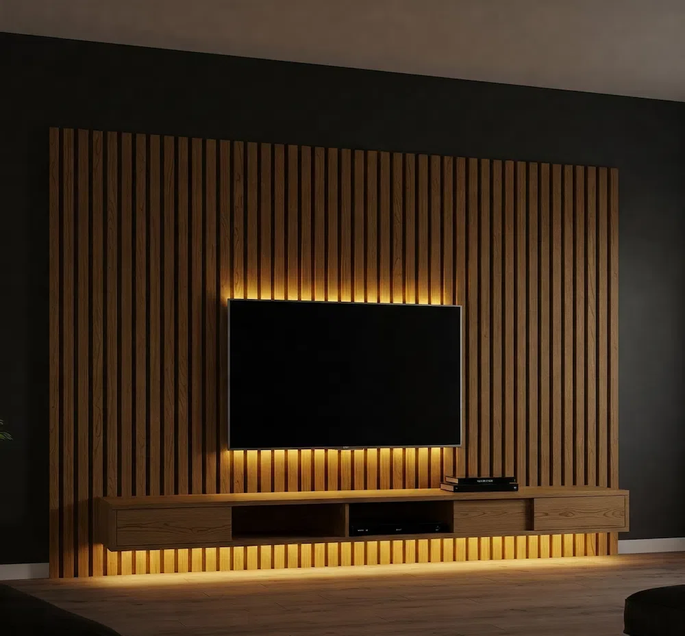 Painel ripado de madeira para TV com ripas verticais e iluminação LED embutida, destaque em sala de estar moderna com decoração minimalista e tons neutros. Design elegante que valoriza textura e iluminação ambiente.