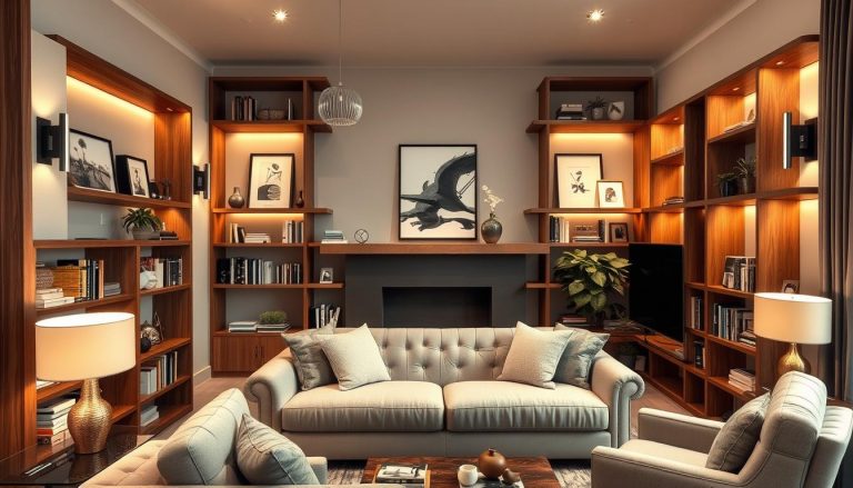 decoração de sala com prateleiras