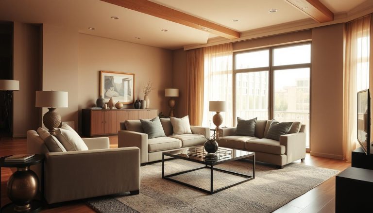 decoração de sala com sofa e poltrona