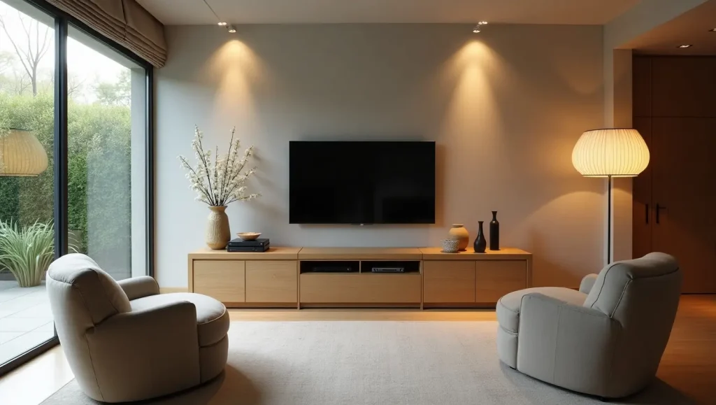 Uma sala de estar aconchegante e convidativa com um suporte de TV moderno e elegante como ponto focal. O suporte para TV, fabricado em madeira clara e quente, apresenta linhas simples e amplo espaço de armazenamento para dispositivos de mídia e decoração. Ao lado do suporte para TV há duas poltronas combinando, estofadas em um tecido macio e neutro que complementa a paleta de cores da sala. O cômodo é banhado por luz natural, que entra por grandes janelas que oferecem um vislumbre de um jardim exuberante e verdejante do lado de fora. A iluminação suave e difusa das luminárias embutidas no teto e uma luminária de piso marcante criam um ambiente caloroso e acolhedor. A atmosfera geral é de conforto, funcionalidade e elegância discreta, capturando perfeitamente a essência dos “Móveis que Transformam sua Sala de TV”.