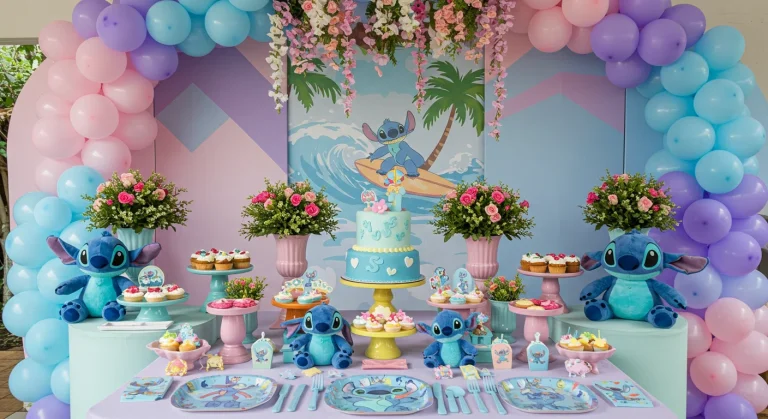 Decoração detalhada de festa de aniversário do Stitch com bolo temático ao centro, balões coloridos em tons pastéis, painéis geométricos e havaianos ao fundo, pelúcias do personagem, guirlanda floral no teto e iluminação suave criando um ambiente alegre e despojado.