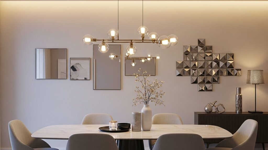 Sala de jantar moderna com espelhos laterais em composição artística para ampliar e equilibrar o ambiente.
