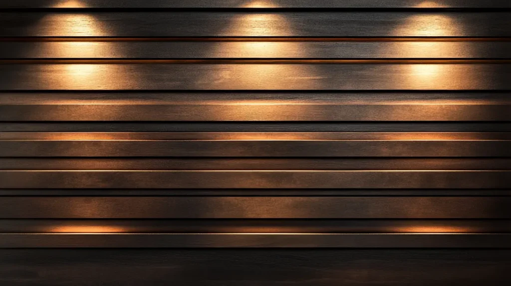 Painel de madeira ripado moderno com ripas paralelas, iluminação quente e design minimalista, destacando textura, profundidade e sofisticação na decoração contemporânea.