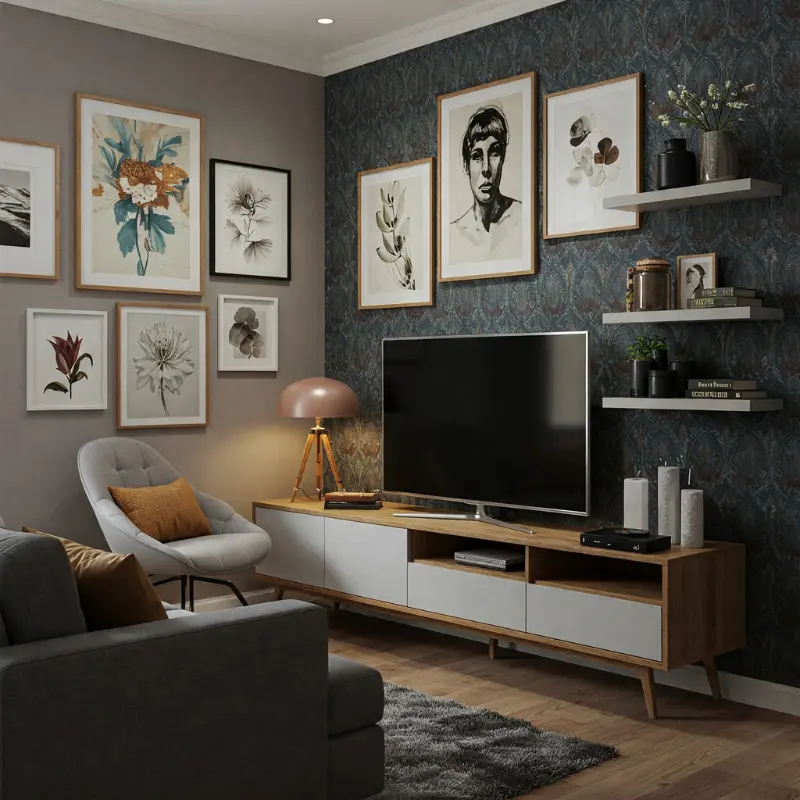 Pequena sala de TV com paredes decoradas com obras de arte emolduradas, papel de parede estampado e prateleiras flutuantes com itens decorativos, tudo harmonizado com os móveis e a paleta de cores para criar uma atmosfera aconchegante e personalizada.