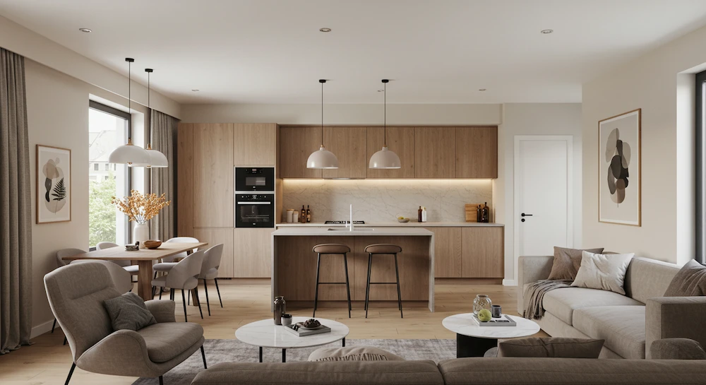 Ambiente integrado com cozinha, sala de estar e jantar, com ilha central, mesa de jantar e sofá em decoração harmoniosa, criando um espaço amplo, funcional e acolhedor.