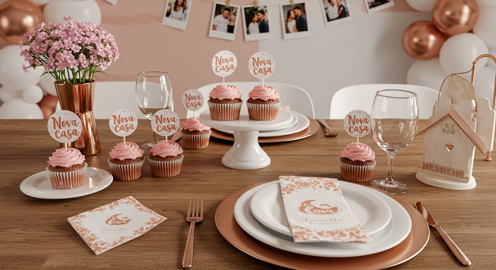 Mesa moderna e sofisticada montada para um Chá de Casa Nova no Brasil, com decoração em branco e rosé gold, pratos de cerâmica, guardanapos personalizados, cupcakes com toppers escritos “Nova Casa” e um painel decorativo com fotos do casal 