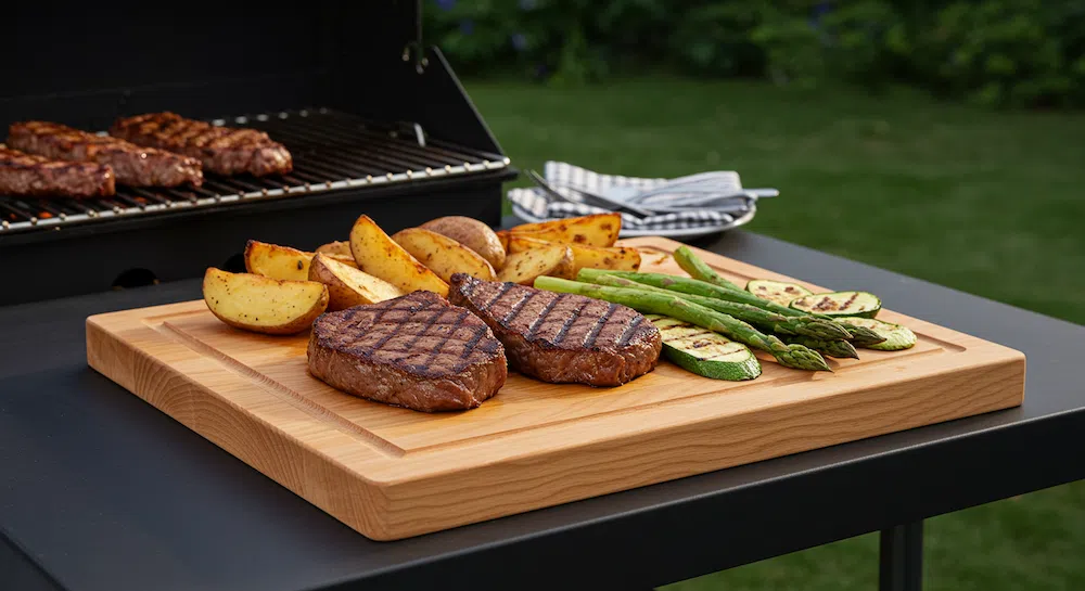 Imagem de uma tábua de madeira sendo usada em uma mesa posta de churrasco