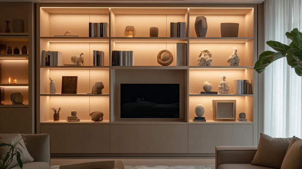 Sala de estar moderna com nichos embutidos na parede decorados com livros, esculturas e objetos elegantes. Nichos iluminados com LED destacam a decoração e combinam funcionalidade e estética. Painel de TV central, móveis contemporâneos, planta decorativa e luz natural completam o ambiente sofisticado.