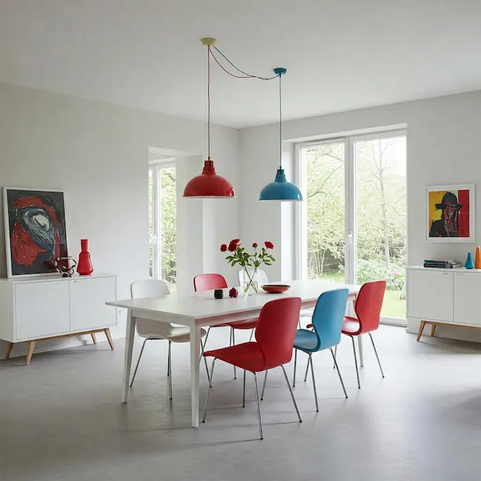 Ambiente moderno e minimalista com cadeiras coloridas e pendentes vibrantes, decorado em tons neutros com iluminação natural abundante.