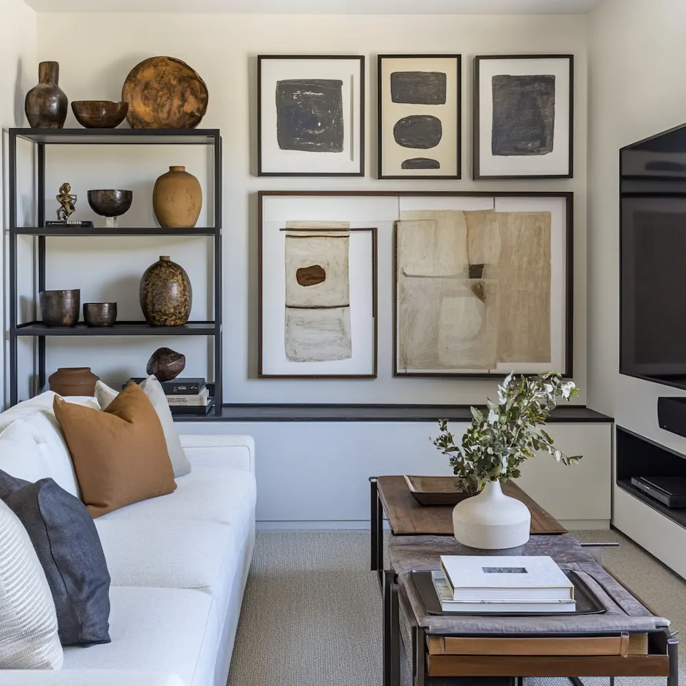 Sala de TV pequena com um arranjo equilibrado de arte de parede emoldurada em vários tamanhos e objetos decorativos como vasos e esculturas em prateleiras, criando uma atmosfera personalizada e aconchegante em um espaço compacto.