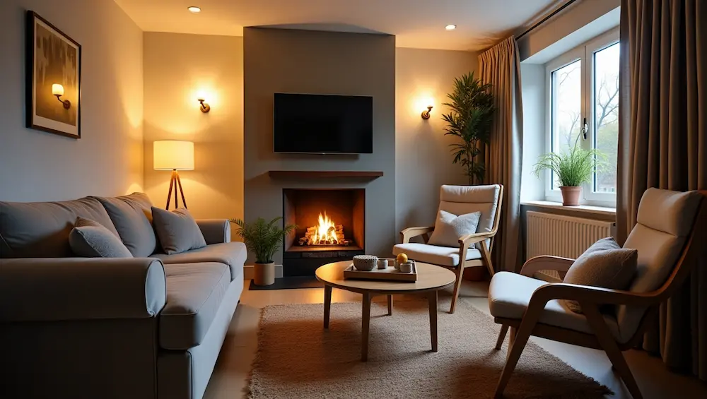 Sala de TV pequena e moderna com móveis que economizam espaço, TV montada na parede, prateleiras flutuantes, armazenamento embutido, paredes de cor neutra, iluminação suave e um tapete bege aconchegante, criando um ambiente funcional e elegante.