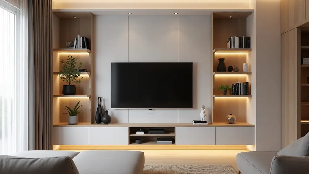 Sala de TV pequena e moderna com móveis que economizam espaço, TV montada na parede, prateleiras flutuantes, armazenamento embutido, paredes de cor neutra, iluminação suave e um tapete bege aconchegante, criando um ambiente funcional e elegante.