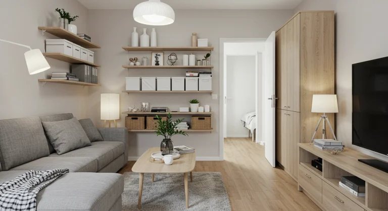 sala pequena bem organizada com soluções inteligentes de armazenamento e decoração minimalista