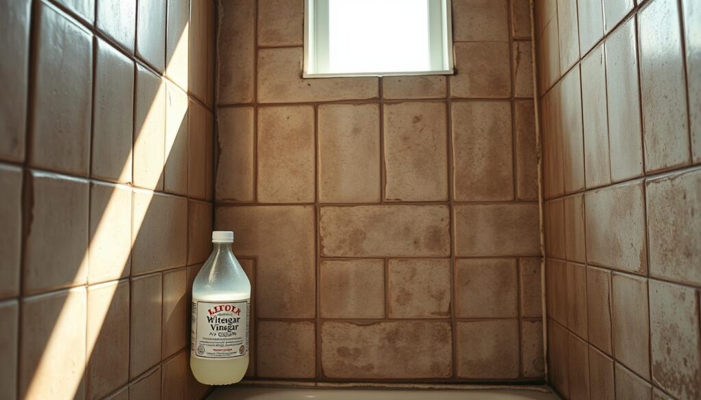 A bathroom with aged, discolored tile walls, the grout darkened by years of grime. The tiles have a dull, hazy appearance, begging to be restored to their former luster. In the foreground, a bottle of white vinegar sits, ready to be the hero of this cleaning mission. Sunlight streams in through a window, casting a warm, natural glow on the scene. The tiles appear textured, with subtle variations in color and shading, reflecting the authentic nature of the materials. The angle showcases the tiles in a way that highlights their imperfections, making the transformation all the more impressive. The overall mood is one of anticipation, as the viewer eagerly awaits the satisfying reveal of the vinegar's cleaning power. A bathroom with aged, discolored tile walls, the grout darkened by years of grime. The tiles have a dull, hazy appearance, begging to be restored to their former luster. In the foreground, a bottle of white vinegar sits, ready to be the hero of this cleaning mission. Sunlight streams in through a window, casting a warm, natural glow on the scene. The tiles appear textured, with subtle variations in color and shading, reflecting the authentic nature of the materials. The angle showcases the tiles in a way that highlights their imperfections, making the transformation all the more impressive. The overall mood is one of anticipation, as the viewer eagerly awaits the satisfying reveal of the vinegar's cleaning power.