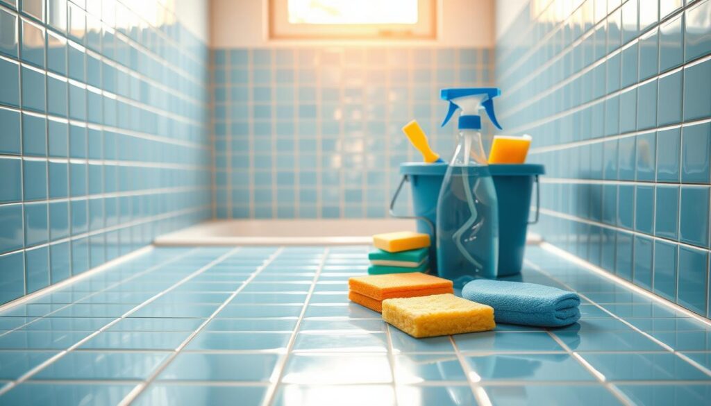 A clean, well-lit bathroom interior with a prominent, well-maintained tiled wall in the foreground. The tiles are a classic light blue shade, shimmering with a pristine, streak-free surface. In the middle ground, a variety of cleaning supplies are neatly arranged, including a bucket, sponges, and a spray bottle filled with a cleaning solution. The background is softly blurred, emphasizing the tile wall as the focal point. Warm, natural lighting from a window casts a gentle glow over the scene, creating a sense of order and cleanliness. The overall mood is one of efficiency and attention to detail, showcasing the necessary materials for effortlessly maintaining a sparkling bathroom. A clean, well-lit bathroom interior with a prominent, well-maintained tiled wall in the foreground. The tiles are a classic light blue shade, shimmering with a pristine, streak-free surface. In the middle ground, a variety of cleaning supplies are neatly arranged, including a bucket, sponges, and a spray bottle filled with a cleaning solution. The background is softly blurred, emphasizing the tile wall as the focal point. Warm, natural lighting from a window casts a gentle glow over the scene, creating a sense of order and cleanliness. The overall mood is one of efficiency and attention to detail, showcasing the necessary materials for effortlessly maintaining a sparkling bathroom.