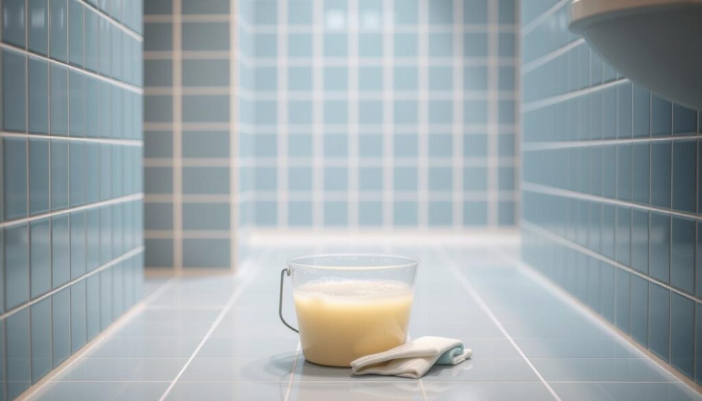 A clean, well-lit bathroom with a tiled wall in the foreground. The tiles are a soft, muted blue hue, and the grout between them is bright white. In the center of the frame, a bucket of warm, soapy water sits on the floor, along with a sponge and a clean cloth. The lighting is diffused and gentle, creating a serene, almost tranquil atmosphere. The background is slightly blurred, hinting at the rest of the bathroom but keeping the focus on the tile-cleaning process. The overall scene conveys a sense of effortless cleanliness and attention to detail, perfectly capturing the essence of the "Como Limpar Azulejo de Banheiro com Água Morna e Detergente" section. A clean, well-lit bathroom with a tiled wall in the foreground. The tiles are a soft, muted blue hue, and the grout between them is bright white. In the center of the frame, a bucket of warm, soapy water sits on the floor, along with a sponge and a clean cloth. The lighting is diffused and gentle, creating a serene, almost tranquil atmosphere. The background is slightly blurred, hinting at the rest of the bathroom but keeping the focus on the tile-cleaning process. The overall scene conveys a sense of effortless cleanliness and attention to detail, perfectly capturing the essence of the "Como Limpar Azulejo de Banheiro com Água Morna e Detergente" section.