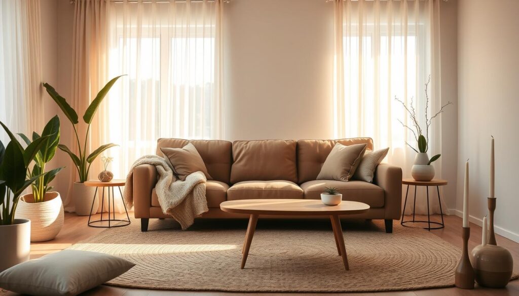 A cozy Scandinavian-inspired living room, bathed in warm, golden light filtering through sheer curtains. A large, plush sofa in a muted earth tone sits prominently, surrounded by a mix of natural textures - a woven area rug, a chunky knit throw, and a wooden coffee table. Framing the scene, tall houseplants in simple ceramic pots and a cluster of decorative candlesticks create a serene, hygge-infused ambiance. The overall palette is a harmonious blend of soft neutrals, accented by touches of muted greens and browns, evoking a sense of comfort and tranquility. The composition emphasizes balance, simplicity and an inviting, homely atmosphere. Uma acolhedora sala de estar de inspiração escandinava, banhada por uma luz quente e dourada que se filtra através de cortinas transparentes. Um sofá grande e luxuoso em tons terrosos suaves ocupa um lugar de destaque, rodeado por uma mistura de texturas naturais - um tapete tecido, uma manta de malha grossa e uma mesa de centro de madeira. Emoldurando a cena, plantas altas em vasos de cerâmica simples e um conjunto de castiçais decorativos criam um ambiente sereno e repleto de hygge. A paleta geral é uma mistura harmoniosa de tons neutros suaves, acentuados por toques de verdes e marrons suaves, evocando uma sensação de conforto e tranquilidade. A composição enfatiza o equilíbrio, a simplicidade e uma atmosfera acolhedora e caseira.