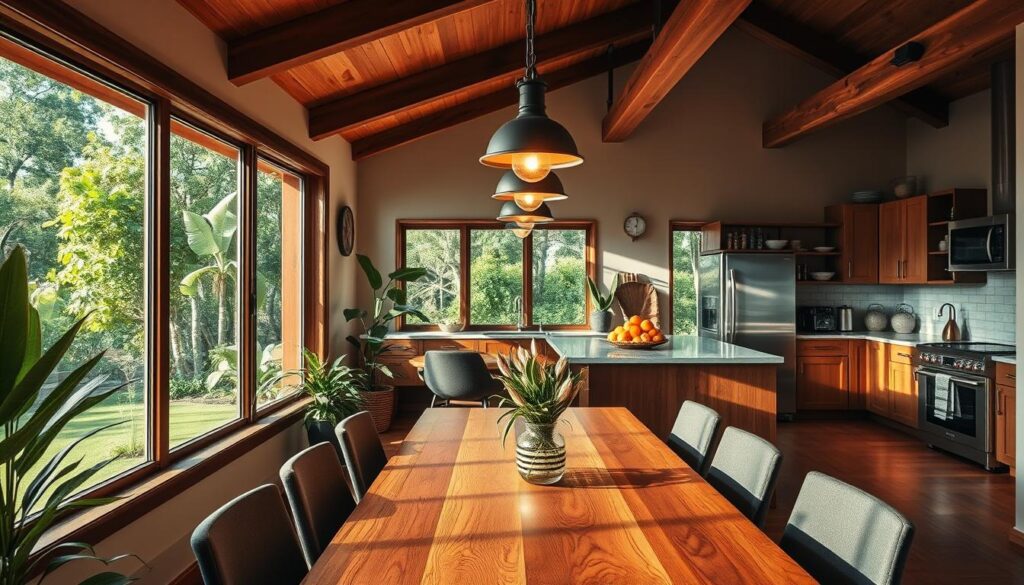 A cozy and inviting gourmet area, bathed in warm, natural lighting filtering through large windows overlooking a lush, verdant landscape. The focal point is a beautifully crafted wooden dining table, surrounded by modern, yet comfortable chairs. Strategically placed pendant lights cast a soft, ambient glow, complementing the overall rustic-chic aesthetic. In the background, a fully equipped stainless steel kitchen with high-end appliances and ample counter space invites culinary exploration. Potted plants and subtle Brazilian-inspired decor elements add pops of color and a touch of elegance, creating a harmonious and welcoming atmosphere perfect for hosting gatherings or intimate meals. Uma área gourmet aconchegante e convidativa, banhada por uma iluminação natural e acolhedora que entra pelas grandes janelas com vista para uma paisagem verdejante e exuberante. O ponto focal é uma mesa de jantar de madeira lindamente trabalhada, rodeada por cadeiras modernas, mas confortáveis. Luzes pendentes estrategicamente posicionadas lançam um brilho suave e ambiente, complementando a estética rústica-chique geral. Ao fundo, uma cozinha de aço inoxidável totalmente equipada com eletrodomésticos de alta qualidade e amplo espaço na bancada convida à exploração culinária. Vasos de plantas e elementos decorativos sutis de inspiração brasileira adicionam toques de cor e elegância, criando uma atmosfera harmoniosa e acolhedora, perfeita para receber convidados ou refeições íntimas.