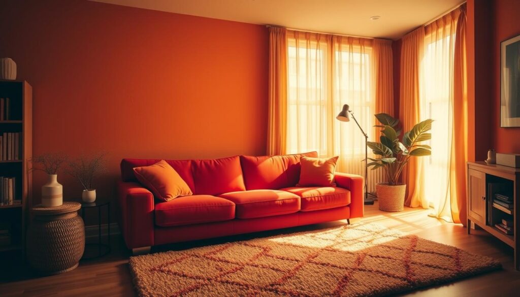 A cozy and inviting living room with warm, vibrant colors that evoke a sense of comfort and energy. The focal point is a large, plush sofa in a rich, deep red hue, complemented by throw pillows in shades of orange and yellow. The walls are painted in a warm, earthy tone, creating a harmonious backdrop. Soft, diffused lighting filters through sheer curtains, casting a gentle glow throughout the space. The floor is covered in a plush, textured rug in a complementary color palette. The overall atmosphere is one of coziness, relaxation, and emotional well-being, perfectly reflecting the "hot" tones and their impact on the viewer's mood. Uma sala de estar aconchegante e convidativa, com cores quentes e vibrantes que evocam uma sensação de conforto e energia. O ponto focal é um sofá grande e macio em um tom vermelho rico e profundo, complementado por almofadas em tons de laranja e amarelo. As paredes são pintadas em um tom quente e terroso, criando um cenário harmonioso. Uma iluminação suave e difusa filtra-se através das cortinas transparentes, projetando um brilho suave por todo o espaço. O chão é coberto por um tapete macio e texturado numa paleta de cores complementares. A atmosfera geral é de aconchego, relaxamento e bem-estar emocional, refletindo perfeitamente os tons “quentes” e o seu impacto no humor do observador.
