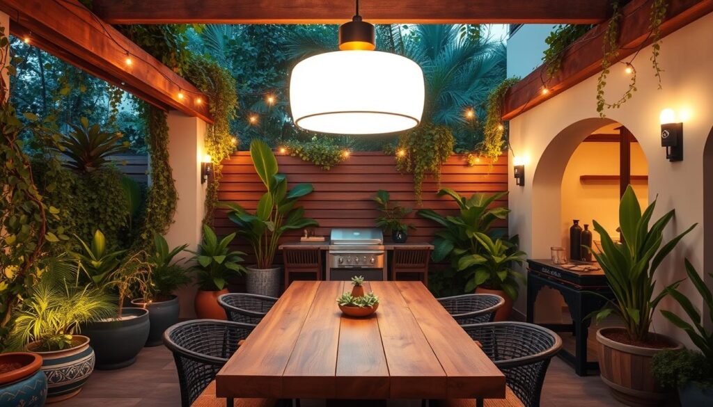 A cozy and inviting outdoor gourmet area, featuring a modern pendant light fixture suspended over a large wooden dining table, casting a warm glow. The space is surrounded by lush greenery, with potted plants and trailing vines adding a touch of natural ambiance. The lighting is carefully positioned to create a balanced, intimate atmosphere, perfect for al fresco dining and entertaining. The overall scene exudes a sophisticated, yet relaxed, Brazilian-inspired vibe. A cozy and inviting outdoor gourmet area, featuring a modern pendant light fixture suspended over a large wooden dining table, casting a warm glow. The space is surrounded by lush greenery, with potted plants and trailing vines adding a touch of natural ambiance. The lighting is carefully positioned to create a balanced, intimate atmosphere, perfect for al fresco dining and entertaining. The overall scene exudes a sophisticated, yet relaxed, Brazilian-inspired vibe.