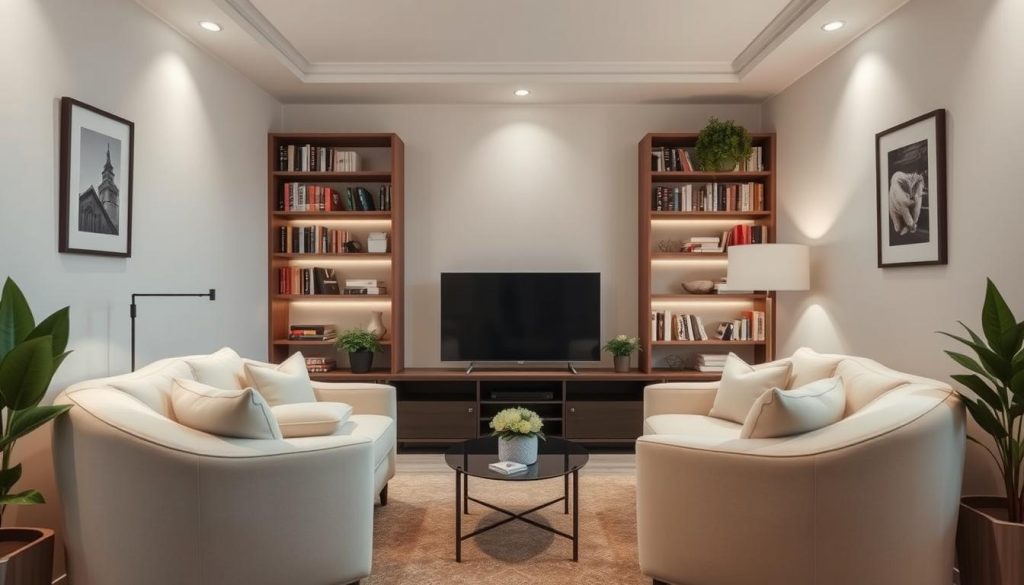 A cozy and inviting small TV room, its compact dimensions belying a sense of warmth and comfort. A low-profile TV unit anchors the space, flanked by bookshelves overflowing with cherished volumes. Soft, diffused lighting from a pair of minimalist table lamps casts a gentle glow, creating an intimate atmosphere. Plush, oversized armchairs in a neutral palette invite relaxation, while a patterned area rug underfoot adds visual interest. Potted plants and framed artwork on the walls lend a touch of nature and personality to the refined yet welcoming design. The room's compact footprint is optimized for efficiency, showcasing how thoughtful planning can transform small spaces into highly functional and aesthetically pleasing retreats. A cozy and inviting small TV room, its compact dimensions belying a sense of warmth and comfort. A low-profile TV unit anchors the space, flanked by bookshelves overflowing with cherished volumes. Soft, diffused lighting from a pair of minimalist table lamps casts a gentle glow, creating an intimate atmosphere. Plush, oversized armchairs in a neutral palette invite relaxation, while a patterned area rug underfoot adds visual interest. Potted plants and framed artwork on the walls lend a touch of nature and personality to the refined yet welcoming design. The room's compact footprint is optimized for efficiency, showcasing how thoughtful planning can transform small spaces into highly functional and aesthetically pleasing retreats.