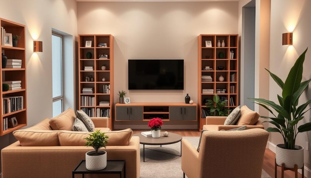 A cozy and inviting small TV room with a modern, minimalist aesthetic. A sleek, low-profile television stands on a floating media console, flanked by tall, slender bookshelves that reach towards the ceiling, creating an illusion of height. Subtle wall sconces provide warm, ambient lighting, casting a soft glow throughout the space. A plush, neutral-toned sofa faces the TV, accompanied by a pair of comfortable armchairs arranged in a conversational layout. Vibrant plants in simple, minimalist planters dot the room, adding pops of greenery and natural texture. The overall mood is one of relaxation and personal style, with carefully curated decor elements that enhance the room's functionality without overwhelming the compact floor plan. A cozy and inviting small TV room with a modern, minimalist aesthetic. A sleek, low-profile television stands on a floating media console, flanked by tall, slender bookshelves that reach towards the ceiling, creating an illusion of height. Subtle wall sconces provide warm, ambient lighting, casting a soft glow throughout the space. A plush, neutral-toned sofa faces the TV, accompanied by a pair of comfortable armchairs arranged in a conversational layout. Vibrant plants in simple, minimalist planters dot the room, adding pops of greenery and natural texture. The overall mood is one of relaxation and personal style, with carefully curated decor elements that enhance the room's functionality without overwhelming the compact floor plan.
