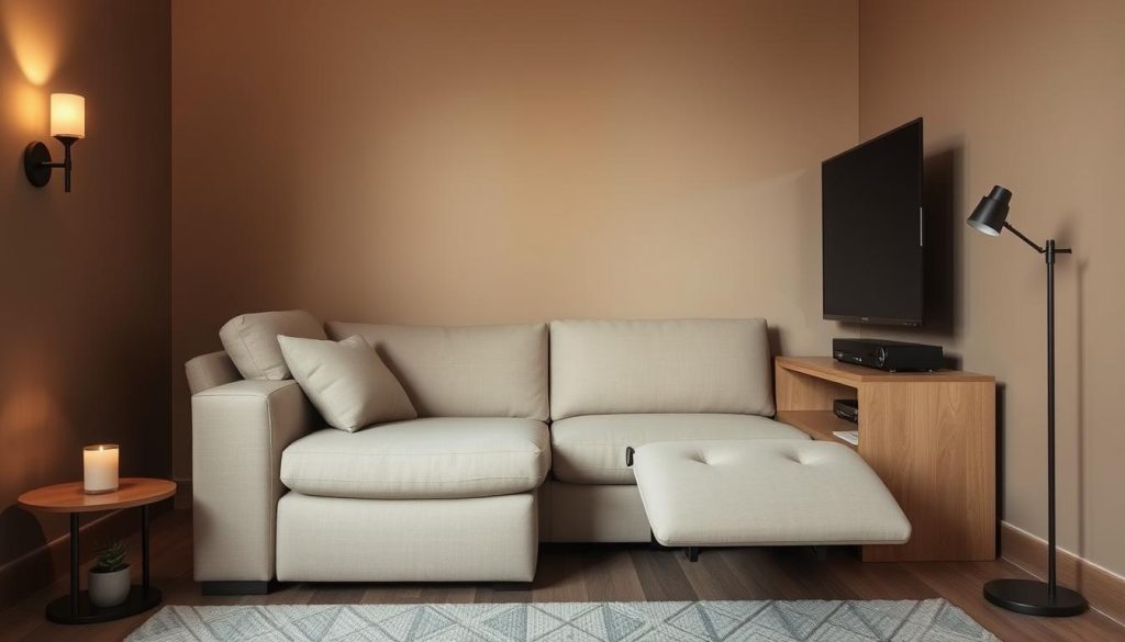 A cozy, compact reclining sofa for a small TV room. The sofa is upholstered in a soft, neutral fabric, with sleek, modern lines and a low profile that fits seamlessly into the space. The reclining mechanism allows for comfortable lounging, while the compact size maximizes the available floor area. Soft, warm lighting from sconces or floor lamps creates a inviting, intimate atmosphere, complementing the sofa's understated elegance. The room's walls are painted in a soothing, earthy tone, with minimal decor to maintain a clean, uncluttered aesthetic. The sofa is positioned facing a modest-sized TV, creating a cozy, immersive viewing experience within the compact, well-designed space. A cozy, compact reclining sofa for a small TV room. The sofa is upholstered in a soft, neutral fabric, with sleek, modern lines and a low profile that fits seamlessly into the space. The reclining mechanism allows for comfortable lounging, while the compact size maximizes the available floor area. Soft, warm lighting from sconces or floor lamps creates a inviting, intimate atmosphere, complementing the sofa's understated elegance. The room's walls are painted in a soothing, earthy tone, with minimal decor to maintain a clean, uncluttered aesthetic. The sofa is positioned facing a modest-sized TV, creating a cozy, immersive viewing experience within the compact, well-designed space.