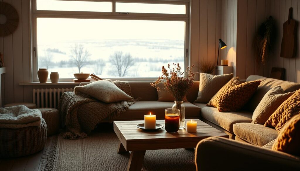 A cozy, intimate living room in a traditional Danish home, bathed in warm, soft lighting. Plush, earthy-toned textiles, including a heavy knitted throw and fluffy pillows, adorn a comfortable sofa. A low, wooden coffee table is adorned with a vase of fresh wildflowers and candles flickering gently. In the background, a large window overlooks a snowy, tranquil landscape, inviting a sense of peaceful isolation. The overall atmosphere is one of hygge - a feeling of contentment, simplicity, and connection to the natural world. Uma sala de estar aconchegante e intimista em uma casa tradicional dinamarquesa, banhada por uma iluminação suave e acolhedora. Tecidos luxuosos em tons terrosos, incluindo uma manta de malha pesada e almofadas fofas, adornam um sofá confortável. Uma mesa de centro baixa de madeira é decorada com um vaso de flores silvestres frescas e velas que tremulam suavemente. Ao fundo, uma grande janela tem vista para uma paisagem nevada e tranquila, convidando a uma sensação de isolamento pacífico. A atmosfera geral é de hygge - uma sensação de contentamento, simplicidade e conexão com o mundo natural.