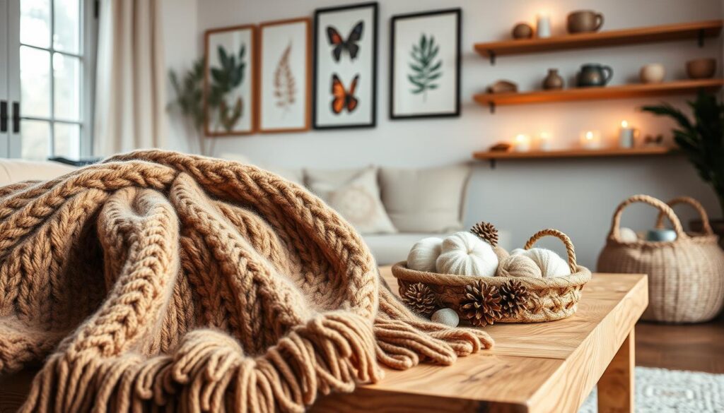 A cozy, inviting scene showcasing the natural materials and textures essential for a Hygge-inspired winter decor. In the foreground, a plush, oversized knitted throw blanket in an earthy tone drapes over a solid wood coffee table, inviting touch and comfort. In the middle ground, a collection of natural elements - smooth river stones, pinecones, and a woven basket overflowing with soft wool yarn - create a tactile, organic display. The background features a wall adorned with framed botanical prints and shelves displaying handcrafted ceramic mugs and candleholders, casting a warm, gentle glow. Soft, diffused lighting from a nearby window illuminates the scene, emanating a sense of tranquility and hygge. The overall atmosphere evokes a serene, nature-inspired haven perfect for the Brazilian winter. Uma cena aconchegante e convidativa, que mostra os materiais e texturas naturais essenciais para uma decoração de inverno inspirada no Hygge. Em primeiro plano, uma manta de malha felpuda e oversized em tons terrosos cobre uma mesa de centro de madeira maciça, convidando ao toque e ao conforto. No meio, uma coleção de elementos naturais — pedras lisas de rio, pinhas e uma cesta de vime transbordando de fios de lã macios — cria uma exibição tátil e orgânica. O fundo apresenta uma parede adornada com gravuras botânicas emolduradas e prateleiras com canecas e castiçais de cerâmica artesanais, que emitem um brilho quente e suave. A iluminação suave e difusa de uma janela próxima ilumina o cenário, emanando uma sensação de tranquilidade e hygge. A atmosfera geral evoca um refúgio sereno, inspirado na natureza, perfeito para o inverno brasileiro.