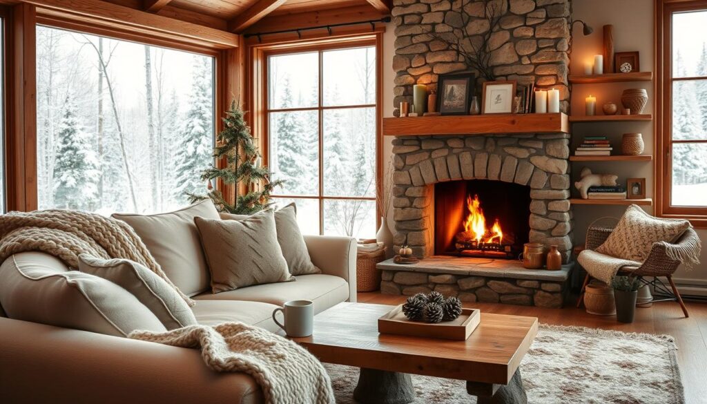 A cozy, inviting winter scene with a warm, rustic atmosphere. A large, plush sofa in soft beige tones sits in the foreground, adorned with a chunky knit throw and fluffy pillows. Nearby, a wooden coffee table holds a steaming mug and a bowl of fresh pine cones. In the middle ground, a stone fireplace crackles with a gentle flame, casting a golden glow across the room. Shelves on the wall display an assortment of candles, books, and decorative elements in earthy, muted tones. The background features a large window overlooking a snowy, forested landscape, allowing natural light to filter in. The overall mood is one of serenity, comfort, and hygge - a perfect setting for enjoying the cozy embrace of the winter season. Uma cena de inverno aconchegante e convidativa, com uma atmosfera rústica e acolhedora. Um sofá grande e macio em tons suaves de bege fica em primeiro plano, decorado com uma manta de malha grossa e almofadas fofas. Perto dali, uma mesa de centro de madeira sustenta uma caneca fumegante e uma tigela com pinhas frescas. No meio do ambiente, uma lareira de pedra crepita com uma chama suave, lançando um brilho dourado por toda a sala. As prateleiras na parede exibem uma variedade de velas, livros e elementos decorativos em tons terrosos e suaves. O fundo apresenta uma grande janela com vista para uma paisagem florestal nevada, permitindo que a luz natural entre. O clima geral é de serenidade, conforto e hygge — um cenário perfeito para desfrutar do aconchego da temporada de inverno.