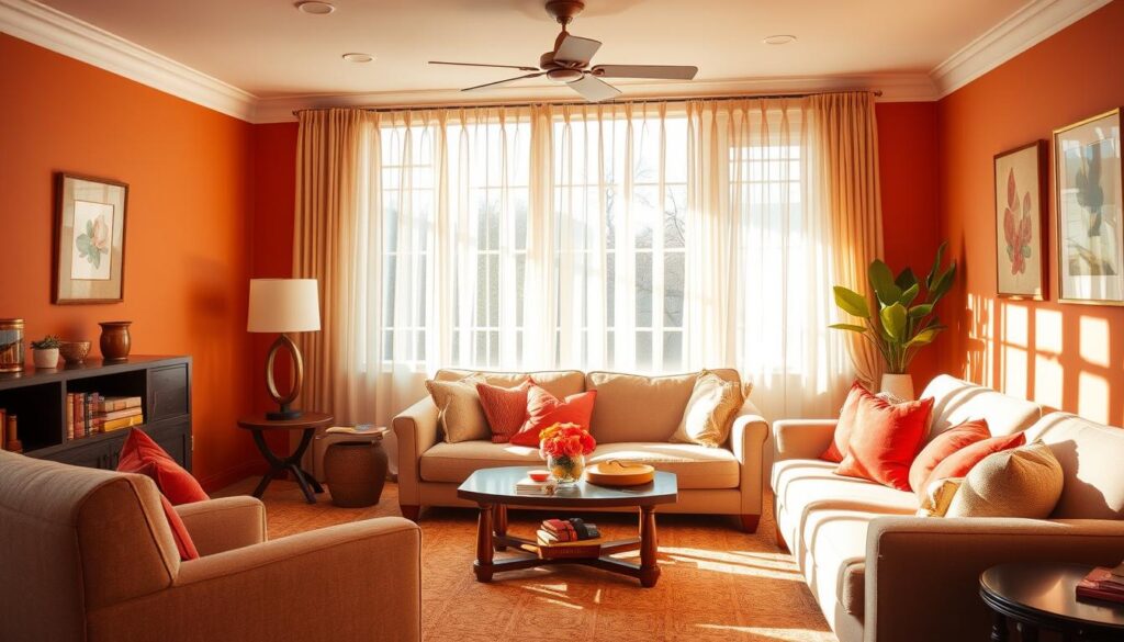 A cozy living room bathed in warm, inviting lighting. Soft, harmonious hues of ochre, sienna, and terra-cotta adorn the walls, creating a calming, earthy atmosphere. Sunlight filters through sheer curtains, casting a gentle glow across the space. Plush, textured furnishings in complementary tones invite relaxation, while strategically placed accent pieces add pops of vibrant color. The overall effect is one of balance, comfort, and inspiration - a space that nourishes the senses and elevates the mood. Uma sala de estar aconchegante banhada por uma iluminação quente e convidativa. Tons suaves e harmoniosos de ocre, sienna e terracota adornam as paredes, criando uma atmosfera calmante e terrosa. A luz do sol filtra-se através das cortinas transparentes, projetando um brilho suave por todo o espaço. Móveis luxuosos e texturizados em tons complementares convidam ao relaxamento, enquanto peças decorativas estrategicamente posicionadas adicionam toques de cores vibrantes. O efeito geral é de equilíbrio, conforto e inspiração — um espaço que nutre os sentidos e eleva o humor.