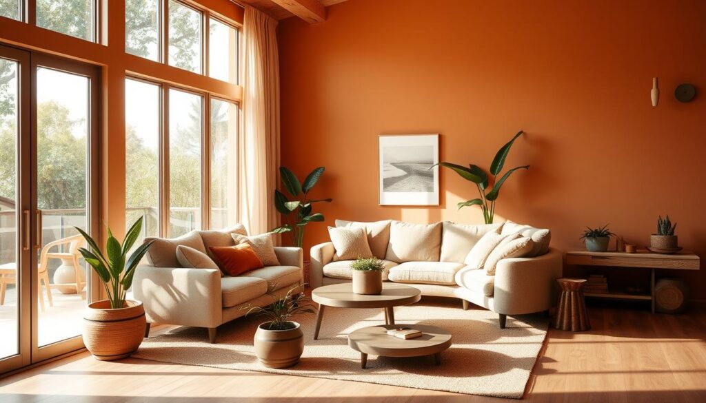 A cozy living room in a modern Brazilian home, bathed in warm, natural light streaming through large windows. The walls are painted in a soothing, earthy palette of soft ochres and deep terracotta hues, creating a calming and inviting atmosphere. Plush, textured furnishings in complementary shades of beige and rust add depth and richness to the space. Potted plants and natural wood accents throughout bring the outdoors in, evoking a sense of harmony and well-being. The overall composition is balanced and visually pleasing, reflecting the homeowner's appreciation for the psychological impact of color in interior design. Uma sala de estar aconchegante em uma casa brasileira moderna, banhada por uma luz natural e quente que entra pelas grandes janelas. As paredes são pintadas em uma paleta suave e terrosa de ocres suaves e tons terracota profundos, criando uma atmosfera calmante e convidativa. Móveis luxuosos e texturizados em tons complementares de bege e ferrugem adicionam profundidade e riqueza ao espaço. Vasos de plantas e detalhes em madeira natural por toda parte trazem o ar livre para dentro, evocando uma sensação de harmonia e bem-estar. A composição geral é equilibrada e visualmente agradável, refletindo a apreciação do proprietário pelo impacto psicológico da cor no design de interiores.