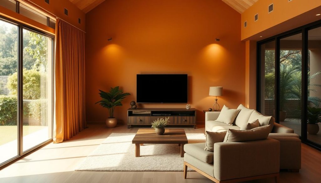A cozy living room with a small TV set against a warm, inviting wall. The room is filled with natural light, streaming in through large windows that overlook a lush, verdant garden. Soft, earthy tones of ochre and terracotta create a harmonious palette, complemented by carefully placed task lighting and a subtle, ambient glow from discreet, recessed fixtures. A plush, L-shaped sofa in a neutral tone invites relaxation, while a low, wooden coffee table and a pair of cozy armchairs complete the intimate, comfortable arrangement. The overall atmosphere is one of tranquility and quiet sophistication, designed to visually expand the space and provide a serene setting for movie nights and casual gatherings. A cozy living room with a small TV set against a warm, inviting wall. The room is filled with natural light, streaming in through large windows that overlook a lush, verdant garden. Soft, earthy tones of ochre and terracotta create a harmonious palette, complemented by carefully placed task lighting and a subtle, ambient glow from discreet, recessed fixtures. A plush, L-shaped sofa in a neutral tone invites relaxation, while a low, wooden coffee table and a pair of cozy armchairs complete the intimate, comfortable arrangement. The overall atmosphere is one of tranquility and quiet sophistication, designed to visually expand the space and provide a serene setting for movie nights and casual gatherings.