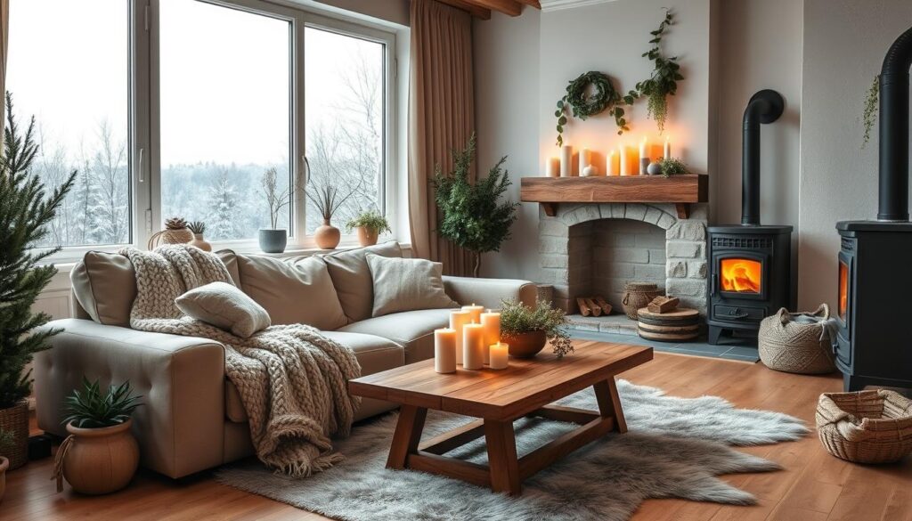 A cozy living room with a warm, inviting atmosphere for the winter of 2025. The space is filled with natural textures and muted colors - a plush, oversized sofa in a soft beige, a chunky knit throw, and a wooden coffee table. In the background, a large window overlooking a snowy landscape, allowing natural light to filter in. Candles flicker on the mantel, casting a gentle glow throughout the room. Potted plants and fresh greenery add pops of life, while a fur rug and a wood-burning stove in the corner contribute to the overall hygge ambiance. The image should convey a sense of comfort, relaxation, and the quintessential Brazilian winter aesthetic. Uma sala de estar aconchegante com uma atmosfera calorosa e convidativa para o inverno de 2025. O espaço é preenchido com texturas naturais e cores suaves - um sofá luxuoso e grande em um bege suave, uma manta de malha grossa e uma mesa de centro de madeira. Ao fundo, uma grande janela com vista para uma paisagem nevada, permitindo que a luz natural entre. Velas tremeluzem na lareira, lançando um brilho suave por toda a sala. Vasos de plantas e folhagens frescas adicionam toques de vida, enquanto um tapete de pele e um fogão a lenha no canto contribuem para o ambiente hygge geral. A imagem deve transmitir uma sensação de conforto, relaxamento e a estética quintessencial do inverno brasileiro.